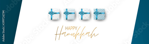 Happy Hanukkah. Traditional Jewish holiday. Chankkah banner or website header background design concept. Judaic religion decor with white luxury gift boxes with blue ribbon. Vector illustration. photo