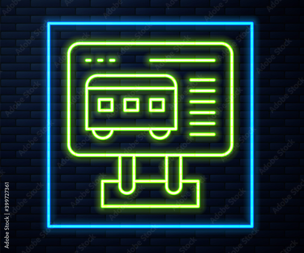 Glowing neon line Ticket office to buy tickets for train or plane icon isolated on brick wall background. Buying tickets. Ticket service. Vector. Glowing neon line Ticket office to buy tickets for train or plane icon isolated on brick wall background. Buying tickets. Ticket service. Vector.