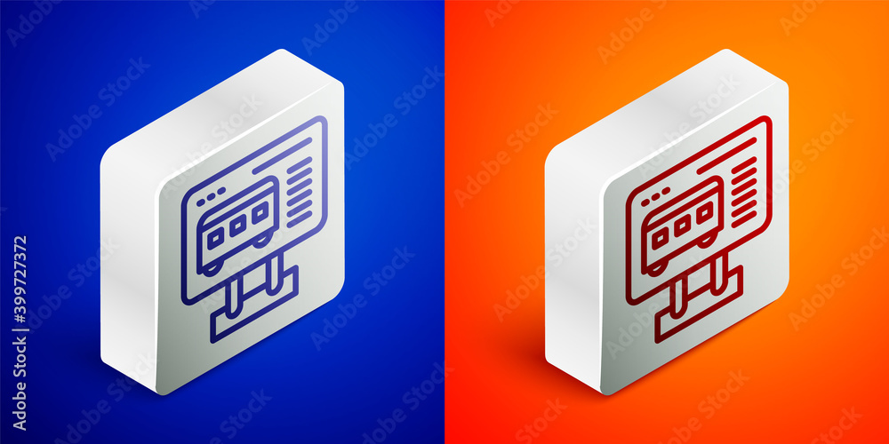 Isometric line Ticket office to buy tickets for train or plane icon isolated on blue and orange background. Buying tickets. Ticket service. Silver square button. Vector. Isometric line Ticket office to buy tickets for train or plane icon isolated on blue and orange background. Buying tickets. Ticket service. Silver square button. Vector.