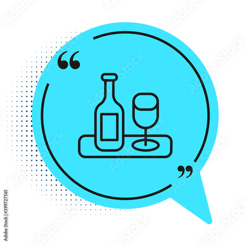 Black line Wine bottle with glass icon isolated on white background. Blue speech bubble symbol. Vector.