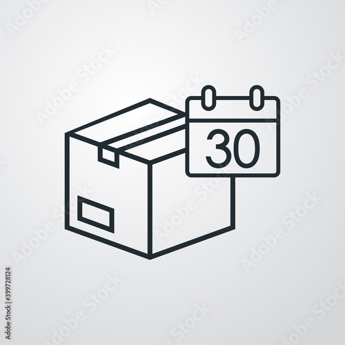 Logotipo 30 días de devolucion gratis del envío. Icono caja de cartón con calendario con 30 con lineas en fondo gris