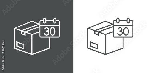 Logotipo 30 días de devolucion gratis del envío. Icono caja de cartón con calendario con 30 con lineas en fondo gris y fondo blanco photo