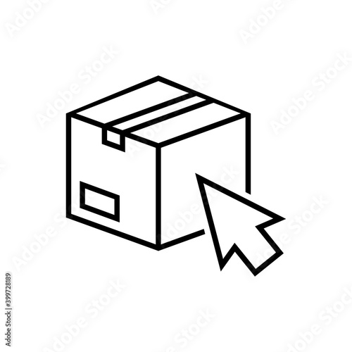 Logotipo enviar paquete. Icono caja de cartón con flecha de cursor con lineas en color negro