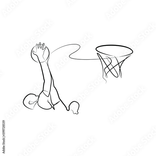 Basketball players in action by one line. Black line vector illustration on white background