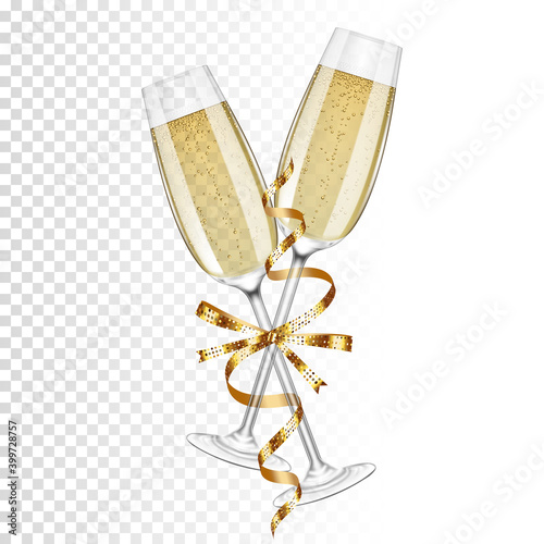 Two glasses of champagne with ribbon, isolated.