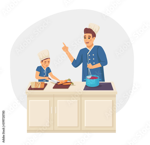 Сooking kids class. Cooks children. Kids cooking food, Chief teacher and little boy cooking together making soup, conducts master class cartoon