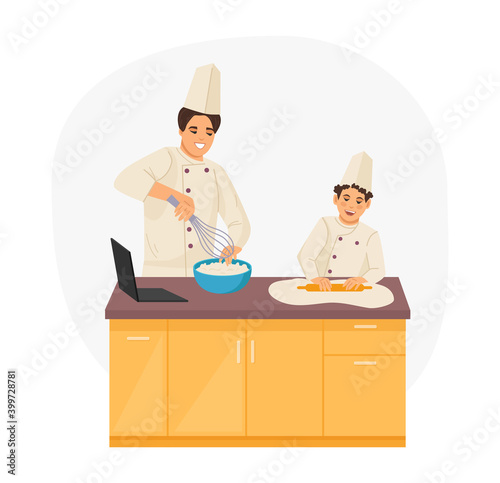 Сooking kids class. Cooks children. Kids cooking food, Chief teacher and little boy cooking together making roll out and knead test for on kitchen table, conducts master class cartoon