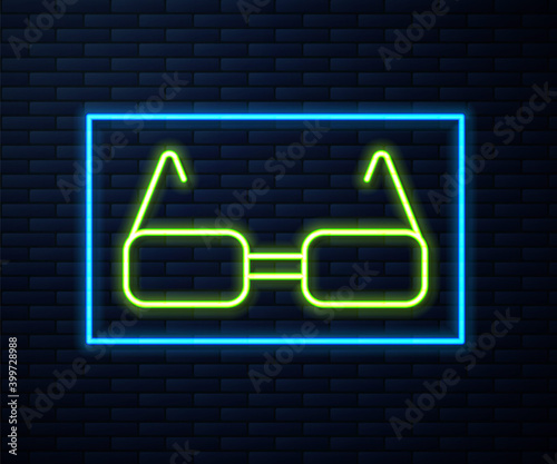 Glowing neon line Glasses icon isolated on brick wall background. Eyeglass frame symbol. Vector.