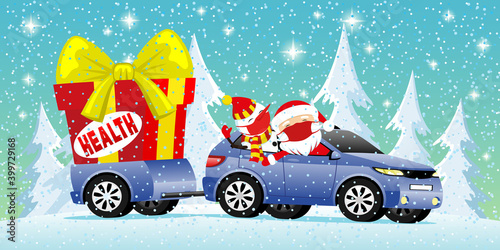 Santa Claus and snowman in the car with a big gift box with health.