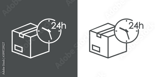 Logotipo entega rápida. Icono caja de cartón con reloj simple con texto 24 h con lineas en fondo gris y fondo blanco