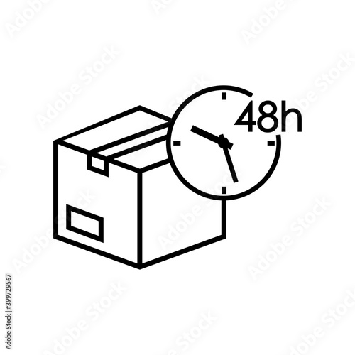 Logotipo entega rápida. Icono caja de cartón con reloj simple con texto 48 h con lineas en color negro