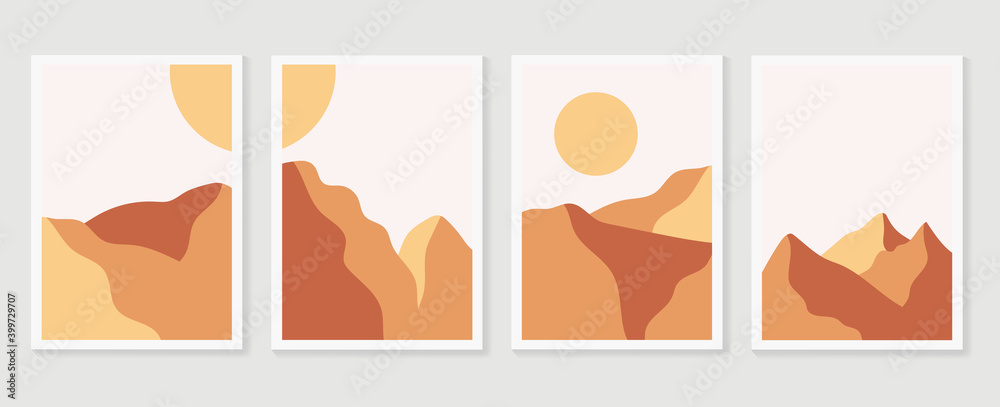 Mountain wall art vector set. Earth tones landscapes backgrounds set with moon and sun.  Abstract Arts design for wall framed prints, canvas prints, poster, home decor, cover, wallpaper. 