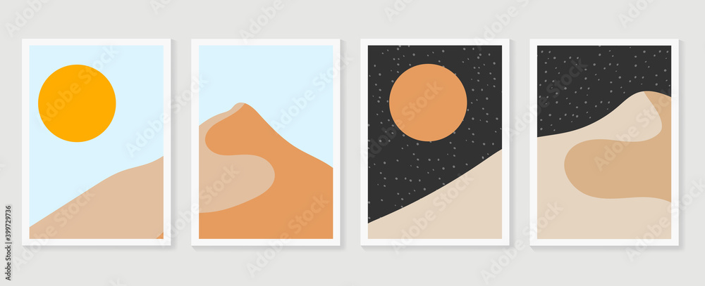 Mountain wall art vector set. Earth tones landscapes backgrounds set with moon and sun.  Abstract Arts design for wall framed prints, canvas prints, poster, home decor, cover, wallpaper. 