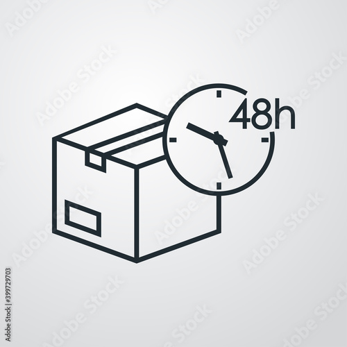 Logotipo entega rápida. Icono caja de cartón con reloj simple con texto 48 h con lineas en fondo gris