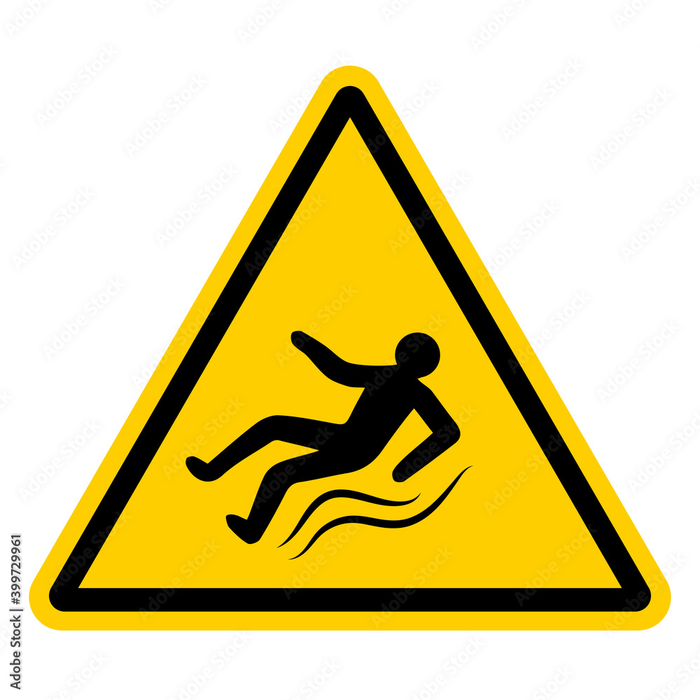 Yellow warning sign with a falling slipping person, vector sign of ice, slippery road, hazard warnings to be injured on slippery sidewalk Yellow warning sign with a falling slipping person, vector sign of ice, slippery road, hazard warnings to be injured on slippery sidewalk