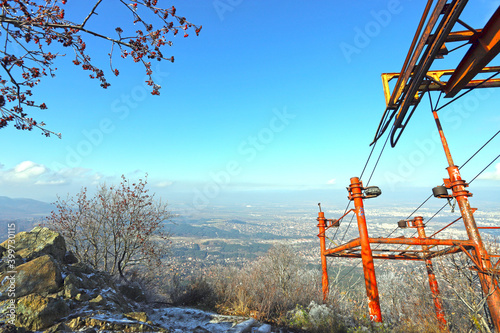 The remains of the Knyazhevski lift and the telecommunication tower Kopitoto in Vitosha Mountain above Sofia, Bulgaria on Nov 22, 2020. It was built in 1962 and is the first gondola lift in Bulgaria.
