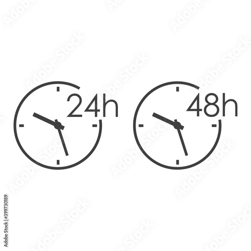 Conjunto de iconos de tiempo. Servicio de entrega. Tiempo de trabajo. Logotipo con reloj simple y 24 y 48 h con lineas en color gris