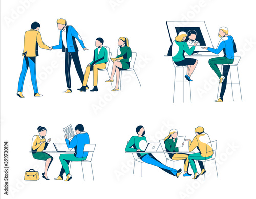 Business hiring and recruitment concept. People seeking for job and having business conversation. Job interview, negotiations, recruitment agency flat vector illustration