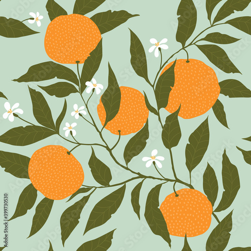 Seamless pattern with orange tree branches with fruits and flowers