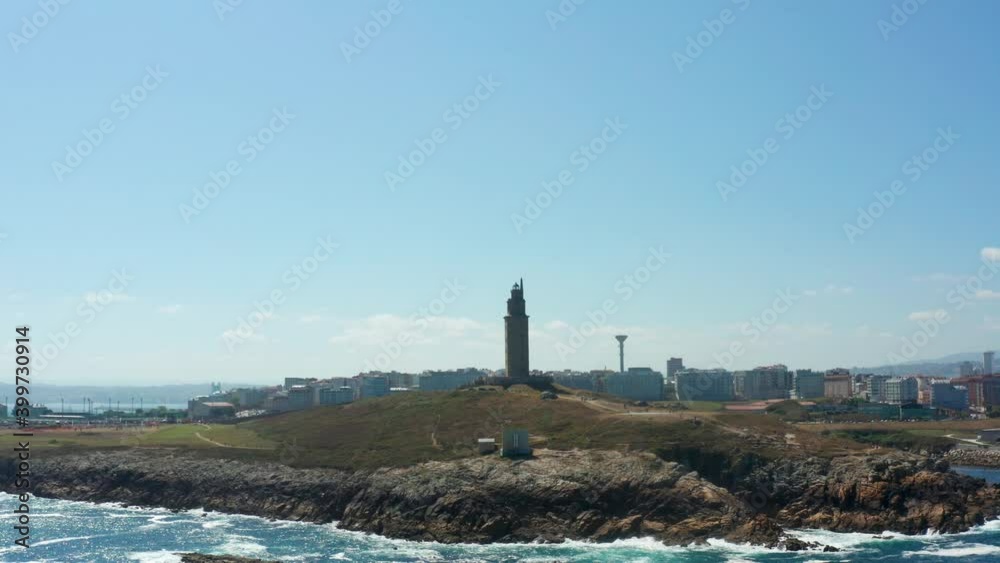 Flight over Hercules Tower in La Coruna Flight over Hercules Tower in La Coruna