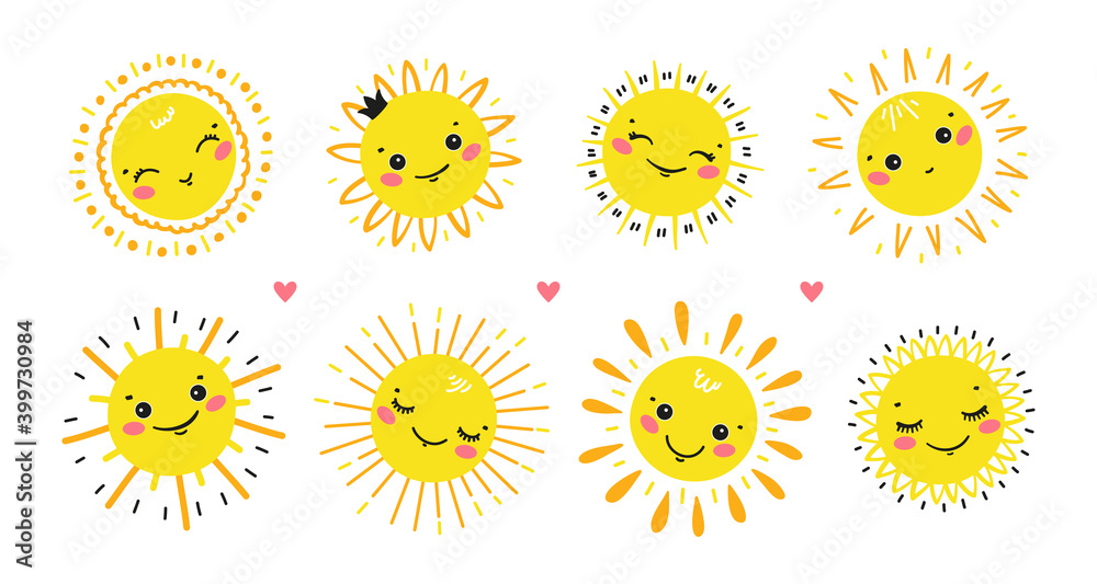 Cute Sun Icons Vector Set. Happy Sun Summer Collection. Cartoon Sunny Smiling Faces
Cute Sun Icons Vector Set. Happy Sun Summer Collection. Cartoon Sunny Smiling Faces