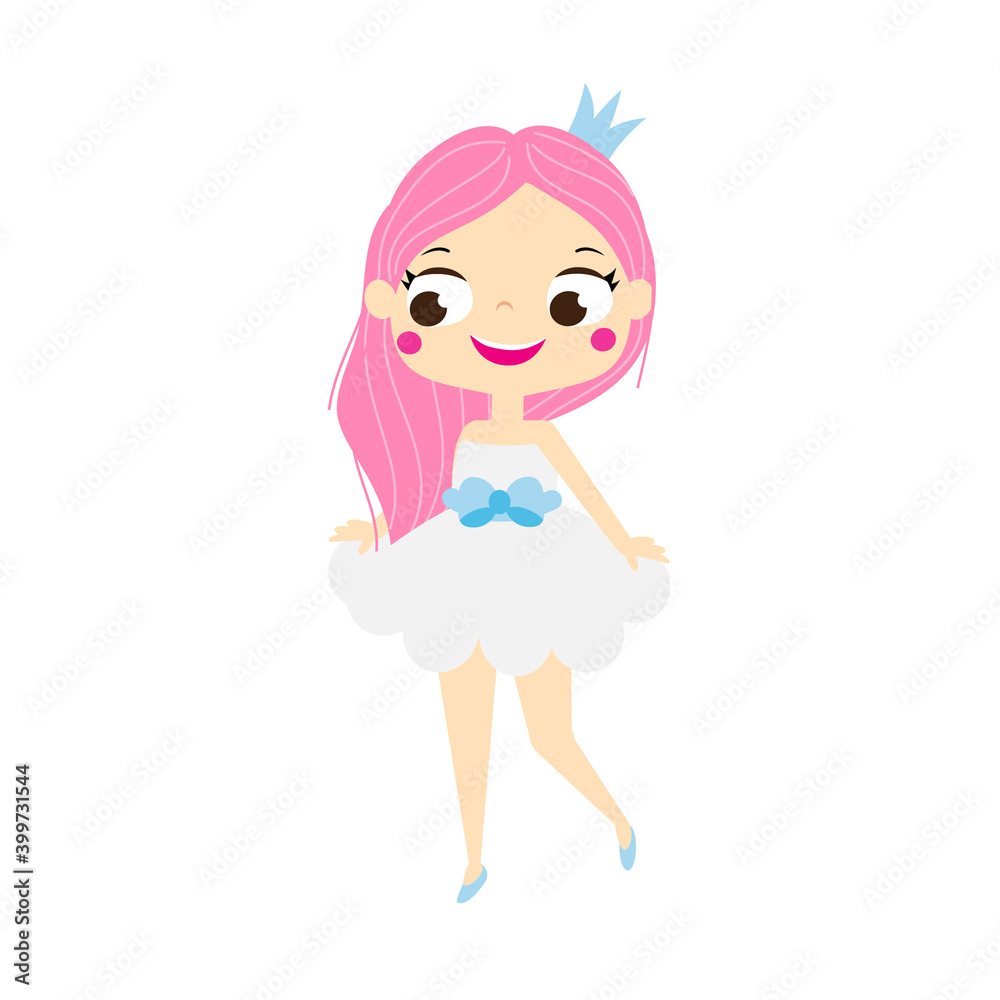 Cartoon girl with pink hair in beautiful dress and crown. Cute princess ...