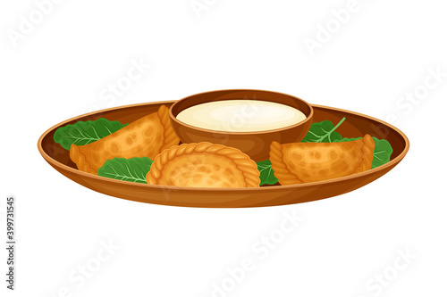 Stuffed Baked Dumplings with Sour Cream Sauce as Syrian Cuisine Dish Vector Illustration