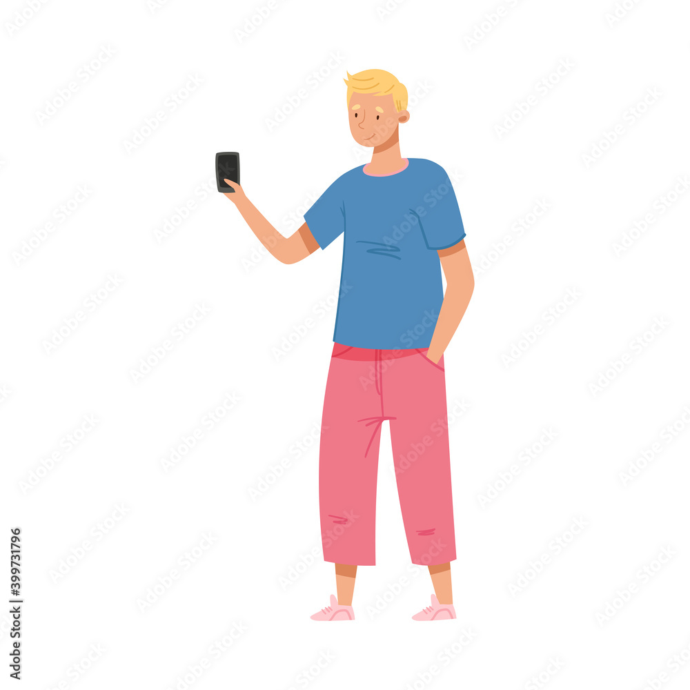 Teenager Boy in Casual Wear Holding Smartphone Vector Illustration Teenager Boy in Casual Wear Holding Smartphone Vector Illustration