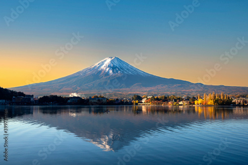 Fuji Mountain Reflection at Sunset, Kawagushiko Lake, Japan.