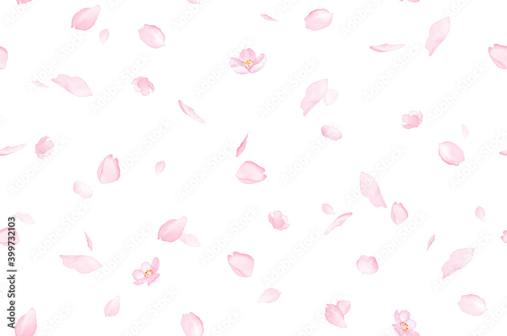さくらと散る花びらのシームレスパターン背景。水彩イラスト。