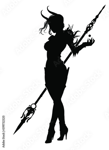 The black silhouette of a beautiful demon girl gracefully walking forward in her hand a long patterned spear, in the other a clawed little sphere of energy, her hair fluttering in the morning. 2d 