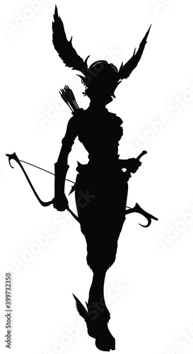 A black silhouette of a beautiful elf ranger girl with a bow and arrow, she walks sideways, smoothly pulling her dagger from her belt, long wings on her head. 2d illustration.
