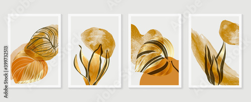 Botanical and gold abstract wall arts vector collection.  Golden and luxury pattern design with leaves line arts, Hand draw Organic shape design for wall framed prints, canvas prints, poster, home dec