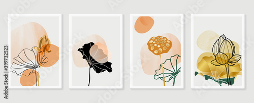 gold lotus and abstract wall arts vector collection.  Golden and luxury pattern design with leaves line arts, Hand draw Organic shape design for wall framed prints, canvas prints, poster, home dec