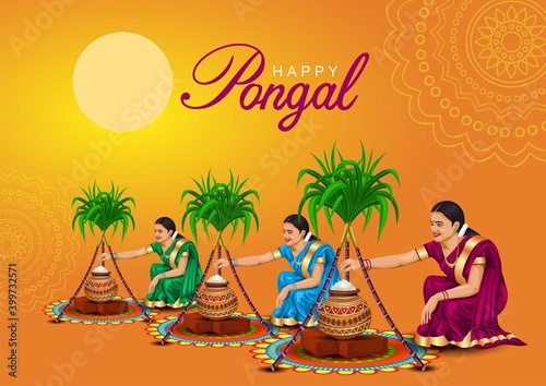 Happy Pongal celebration with sugarcane, Rangoli and pot of rice. Tamil group of girls making Pongal. Indian cultural festival celebration concept illustration vector design.