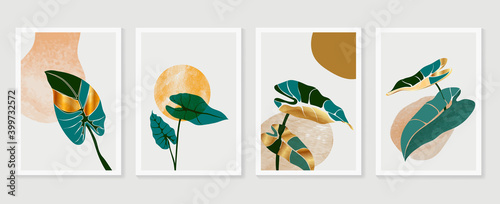 Botanical and gold abstract wall arts vector collection.  Golden and luxury pattern design with leaves line arts, Hand draw Organic shape design for wall framed prints, canvas prints, poster, home dec