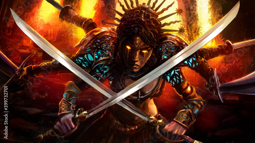 Photos Angry Indian multi-armed goddess Kali with yellow fiery eyes, and swords in each