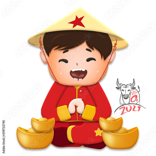 2021 Vietnamese New Year Tet illustration, buffalo, cute kids in traditional red shirt sit hand in hand gold ingots, yellow hat, Lunar New Year. Hand drawn concept card, poster