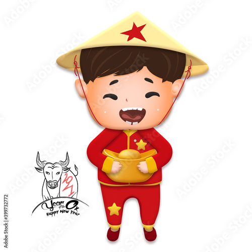 2021 Vietnamese New Year Tet illustration, buffalo, cute kid in traditional red shirt hold gold ingots, yellow hat, Lunar New Year. Hand drawn concept card, poster, banner.