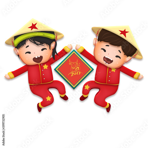 2021 Vietnamese New Year Tet illustration, buffalo, cute kids in traditional red shirt dancing very funny, yellow hat, Lunar New Year. Hand drawn concept card, poster, banner.