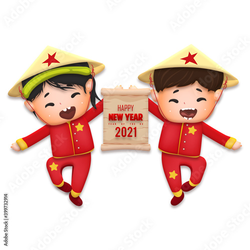 2021 Vietnamese New Year Tet illustration, buffalo, cute kids in traditional red shirt hold scroll, yellow hat, Lunar New Year. Hand drawn concept card, poster, banner.
