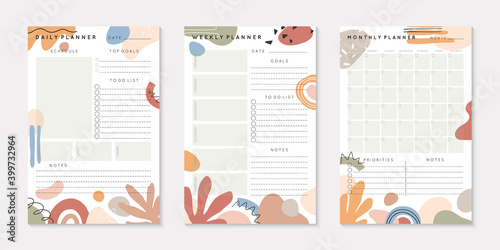 Vector daily,weekly,monthly planners templates with abstract organic shapes and doodles in neutral earthy tones.Organizer and schedule with place for notes; goals and to do list.Abstract modern design