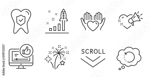 Recovery data  Scroll down and Development plan line icons set. Fireworks  Like video and Hold heart signs. Love message  Dental insurance symbols. Backup info  Swipe screen  Strategy. Vector