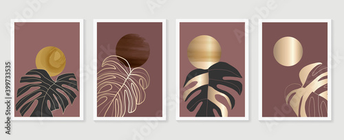Botanical and gold abstract wall arts vector collection.  Golden and luxury pattern design with leaves line arts, Hand draw Organic shape design for wall framed prints, canvas prints, poster, home dec