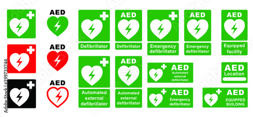 Emergency first aid defibrillator logo sign. White heart icon and white cross icon on a green background. Flat vector symbol location automated external. Medical signs Red automated external defibrill