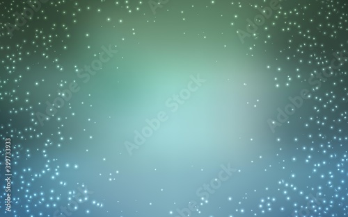 Light Blue, Green vector pattern with night sky stars. Shining colored illustration with bright astronomical stars. Smart design for your business advert.