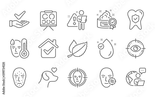 Mint leaves, Eye target and Problem skin line icons set. Dermatologically tested, Vision board and Fever signs. Cream, Face detect and Face biometrics symbols. Line icons set. Vector