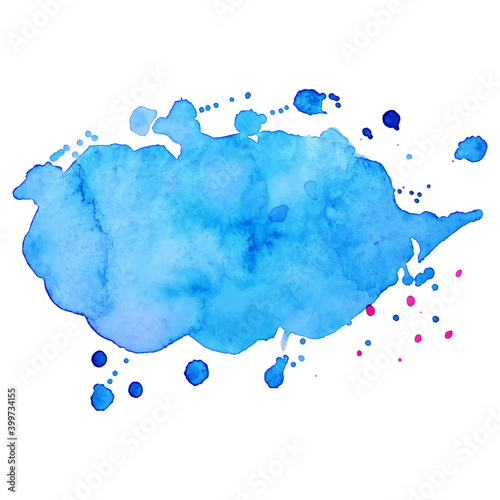 Abstrct watercolor spot with droplets, smudges, stains, splashes. Bright aquamarine blue color blot in grunge style.