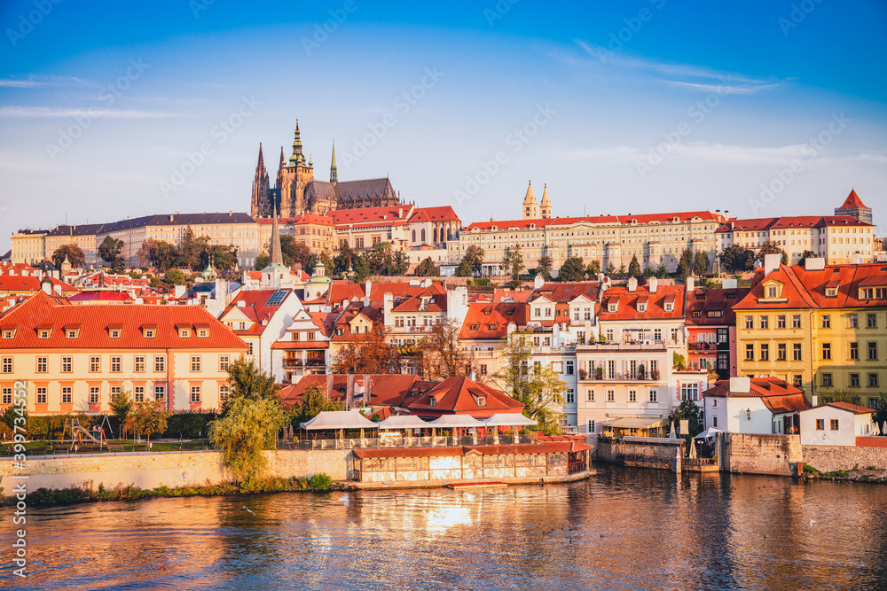 Morning view of colorful old town and Prague castle with river Vltava, Czech Republic