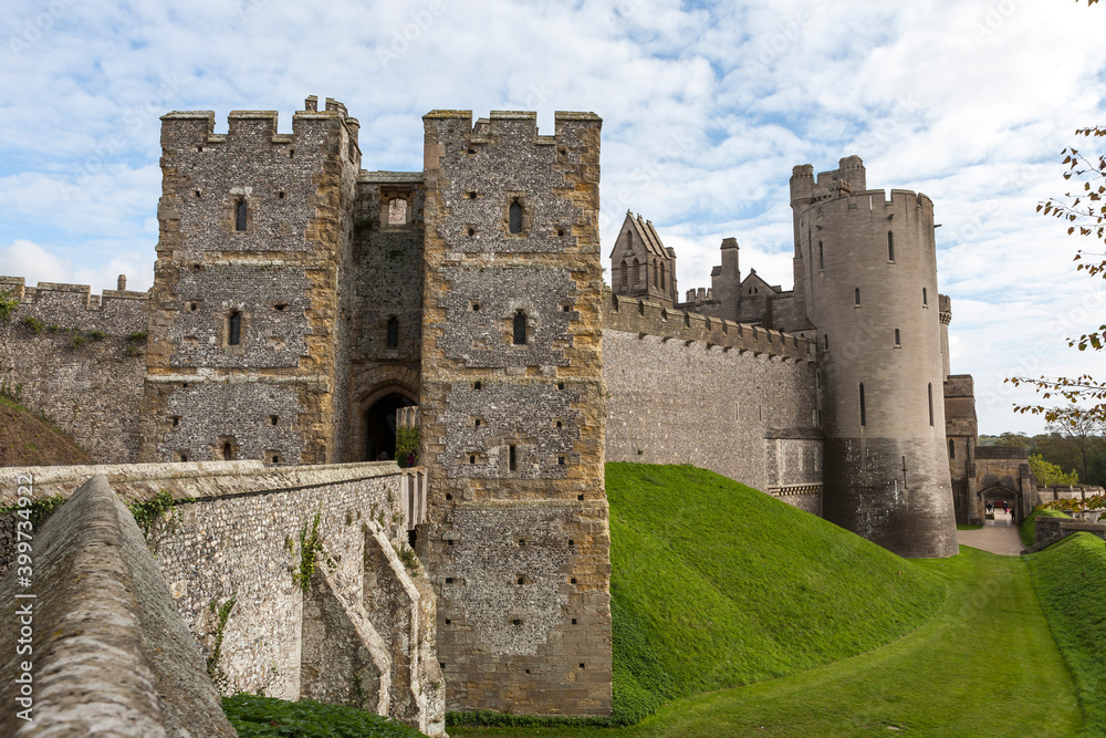 14th century Gatehouse and Barbican, Arundel Castle, West Sussex, England, UK